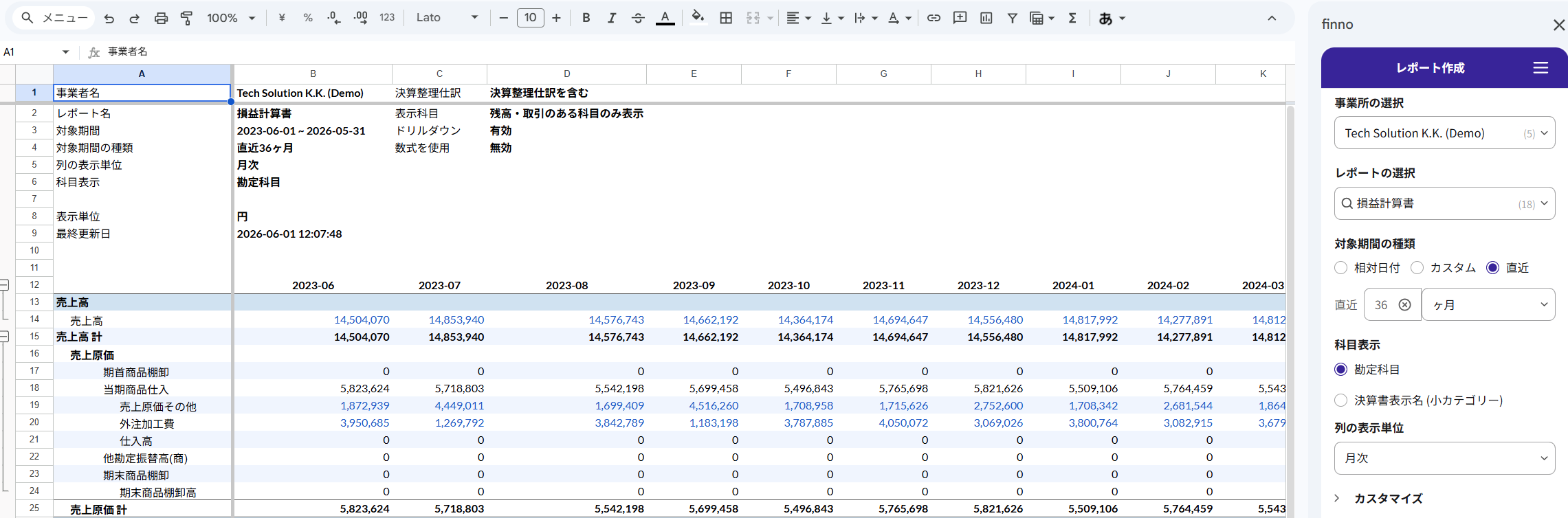 finno で「直近 36 ヶ月」を指定した損益計算書の月次推移レポート。翌月以降は更新するだけで対象範囲が自動的に最新月までシフトします。